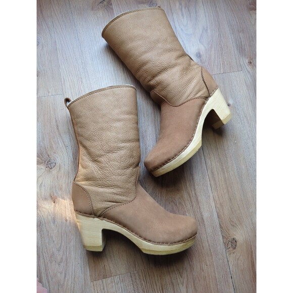 No 6 Pull On Shearling High Boot Wool Lined Wooden Clogs Womens 40 Honey - Picture 1 of 12